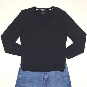 Tommy Hilfiger V-Neck Pullover Sweater Brand Logo Ribbed Hem Cardigan Top Sz Lg.